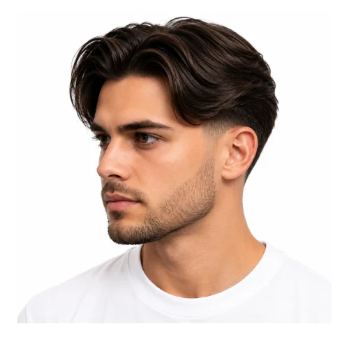 Low taper fade middle part hairstyle with smooth flow and sharp taper fade