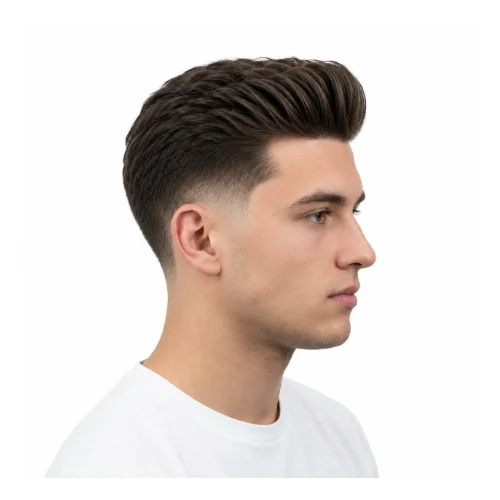 Low taper fade pompadour haircut with lifted volume and clean fade