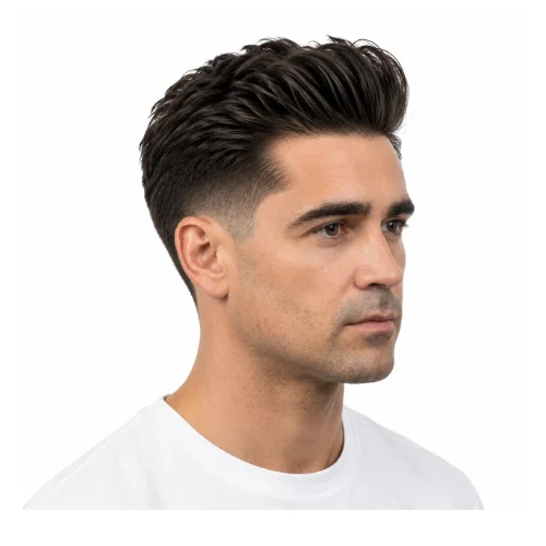 Low taper fade quiff hairstyle with textured volume and sharp faded sides