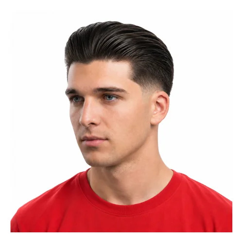 Low taper fade slick back hairstyle with smooth combed-back hair and clean fade