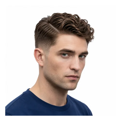 Low taper side part haircut with neat styling and faded sides