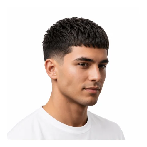 Low taper French crop haircut with textured fringe and faded sides