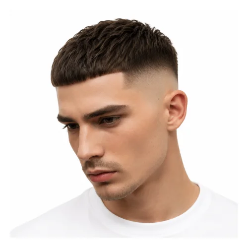 Low taper fade Edgar haircut with blunt fringe and sharp edges