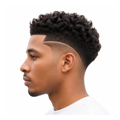 Low taper fade Afro hairstyle with natural curls and clean taper sides