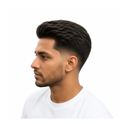 Low taper fade straight hair hairstyle with smooth texture and faded sides