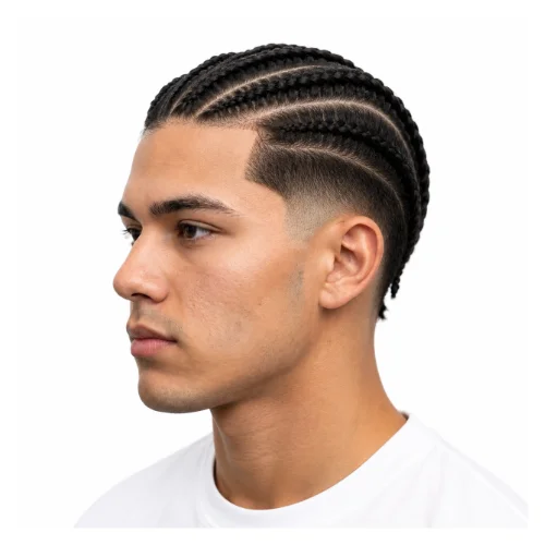 Low taper fade braids hairstyle with detailed braided top and faded sides