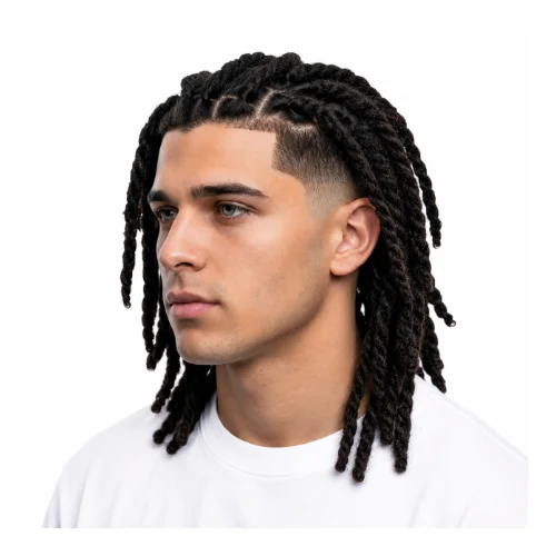 Low taper fade twists hairstyle with textured twisted hair and clean fade