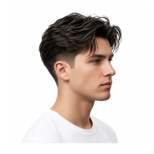 Low taper fade undercut hairstyle with disconnected top and faded sides
