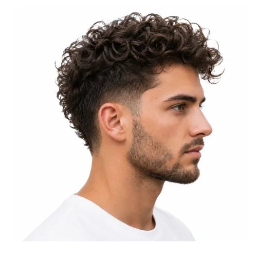 Low taper fade Mohawk hairstyle with raised center hair and clean fade