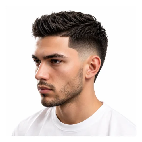Low taper fade burst fade haircut with rounded fade around the ears