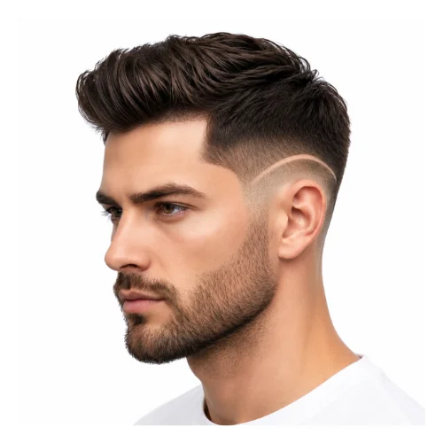 Low taper fade haircut with creative hair design and clean faded sides