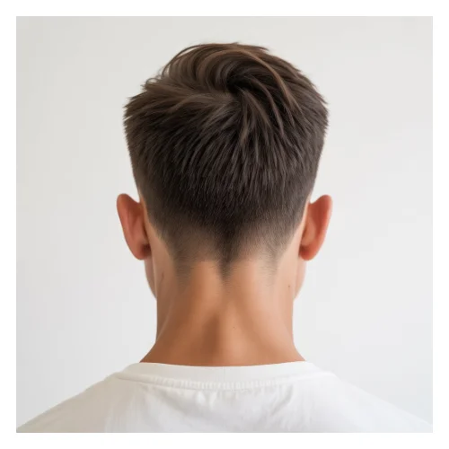Back view of a low taper fade haircut with clean neckline and smooth blend