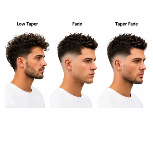 Comparison of low taper, fade, and taper fade hairstyles for men