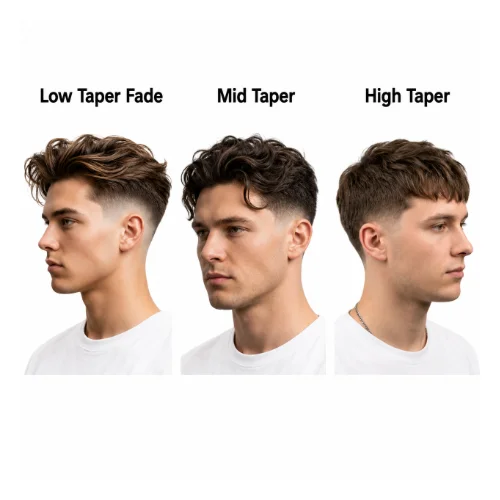 Side-by-side comparison of low taper fade, mid taper fade, and high taper fade haircuts showing the different fade heights on a clean white background.