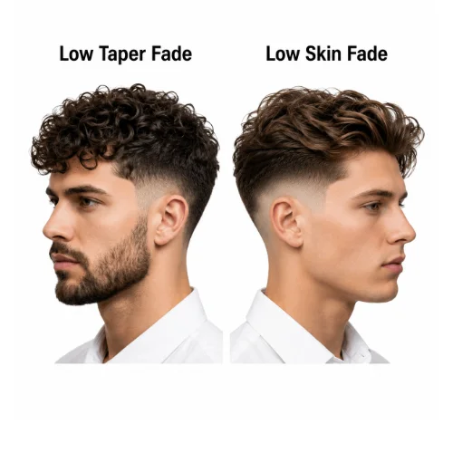 Side-by-side comparison of a low taper fade and a low skin fade haircut showing the difference in fade length and skin exposure on a clean white background.