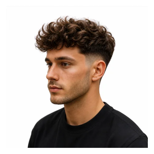 Low taper fade curly hair fluffy hairstyle featuring soft voluminous curls on top and clean low taper fade sides for a fresh youthful appearance