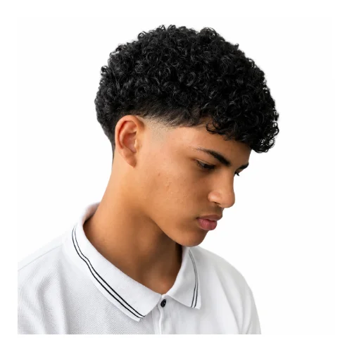 Tight curl low taper fade hairstyle featuring compact defined curls, natural texture, and a clean low taper fade for a sharp modern finish