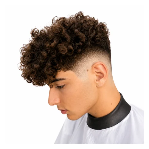 Wet look curly fade hairstyle featuring shiny defined curls, sleek styling, and a clean low taper fade for a polished modern appearance