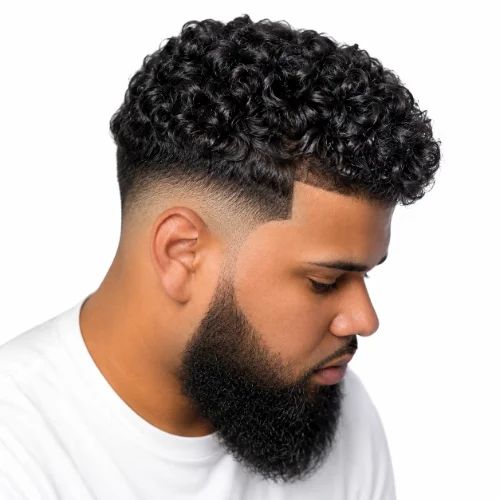 Curly hair with beard fade hairstyle featuring natural curls on top, a well-groomed beard, and a smooth fade transition for a clean masculine look
