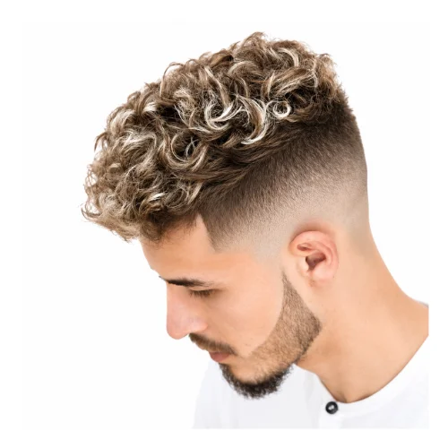 Blonde curly taper fade hairstyle featuring light blonde curls on top, natural volume, and a smooth taper fade for a bright stylish look