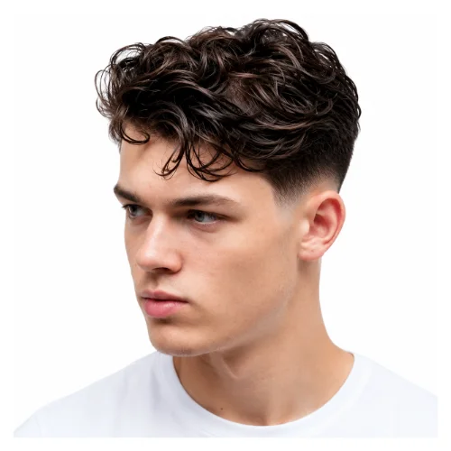 Textured curly fade hairstyle featuring defined layered curls, natural movement, and a clean fade on the sides for a modern textured appearance