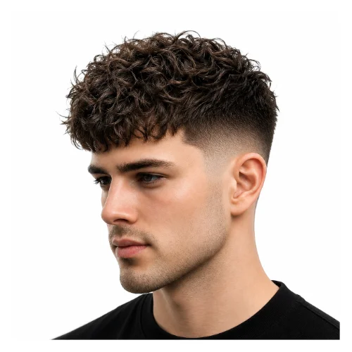 Curly textured fringe haircut with defined curls and layered front texture for a trendy style