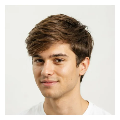 Side-swept textured fringe hairstyle featuring a textured top, fringe swept to one side, and natural volume for a relaxed modern look