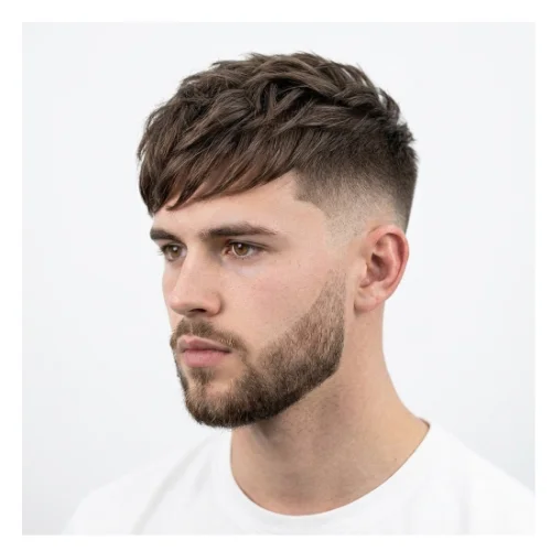 Textured fringe with beard hairstyle featuring a textured top, defined fringe, and a well-groomed beard for a balanced modern masculine appearance
