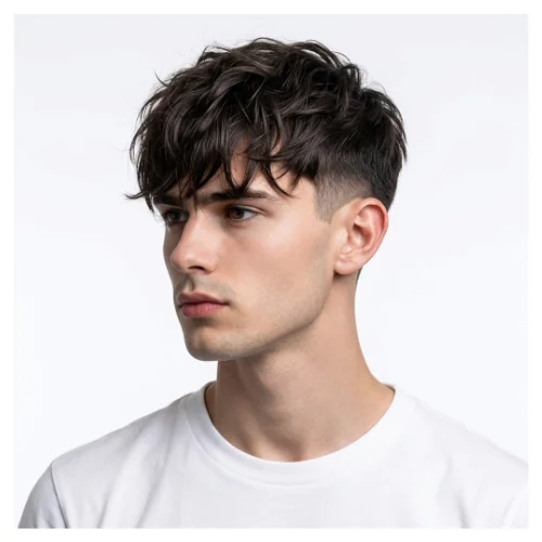 Modern textured fringe hairstyle featuring layered texture on top, a stylish fringe, and clean sides for a fresh contemporary look