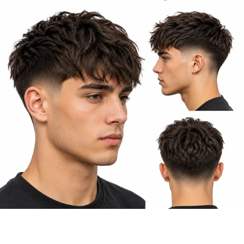 Man with a low taper fade and textured fringe hairstyle featuring a layered top and clean faded sides on a white background.