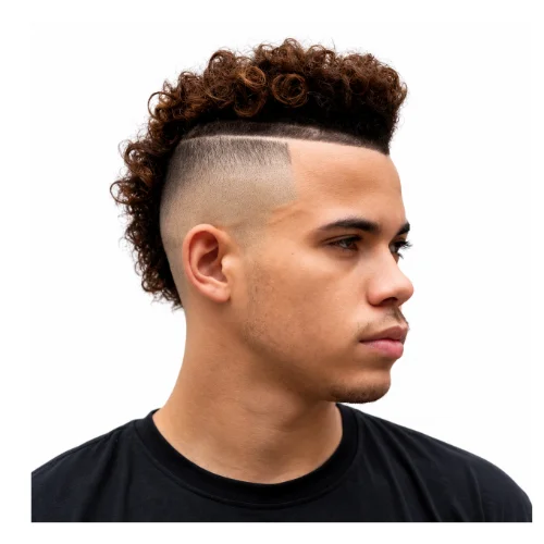 Curly mohawk fade hairstyle featuring a strip of defined curls through the center, tapered faded sides, and a bold contemporary look
