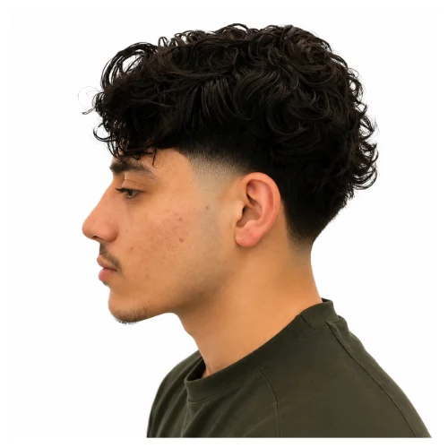 Side part curly fade hairstyle featuring a defined side part, natural curly texture on top, and a clean low taper fade for a polished modern appearance