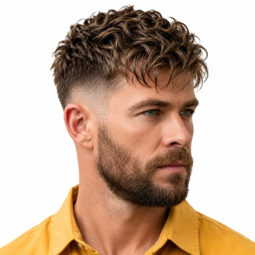 Curly Low Taper Fade French Crop featuring natural curls on top with a short fringe and neatly blended low taper fade for a stylish finish.