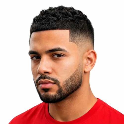Short Low Taper Fade French Crop featuring a short textured top, cropped fringe, and a clean low taper fade for an easy-to-maintain hairstyle.