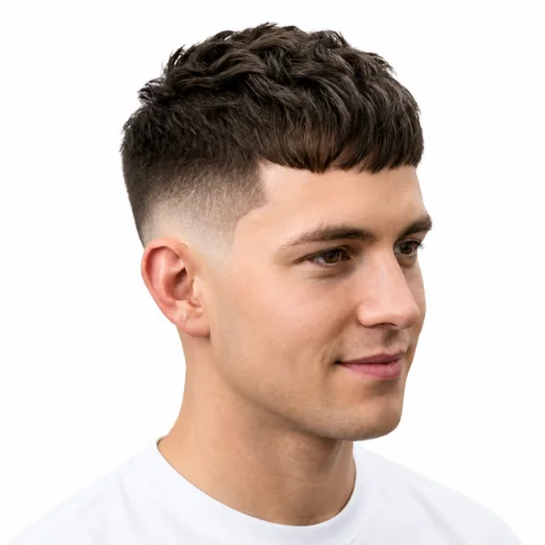 Low Taper Fade French Crop with Textured Fringe featuring a textured fringe, cropped top, and a neatly blended low taper fade for a stylish modern haircut.