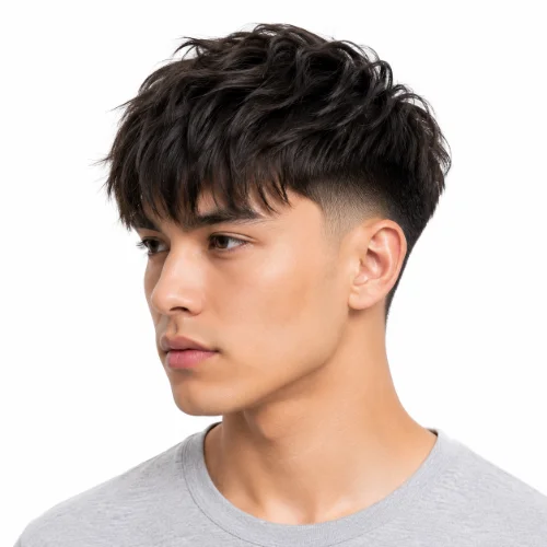 Low Taper Fade Asian Haircuts Textured Fringe with natural volume and texture.
