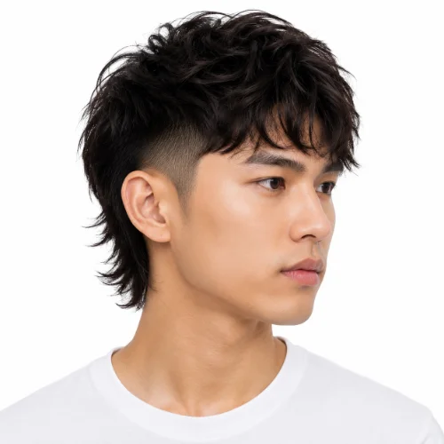 Low Taper Fade Asian Haircuts Wolf Cut with layered texture.