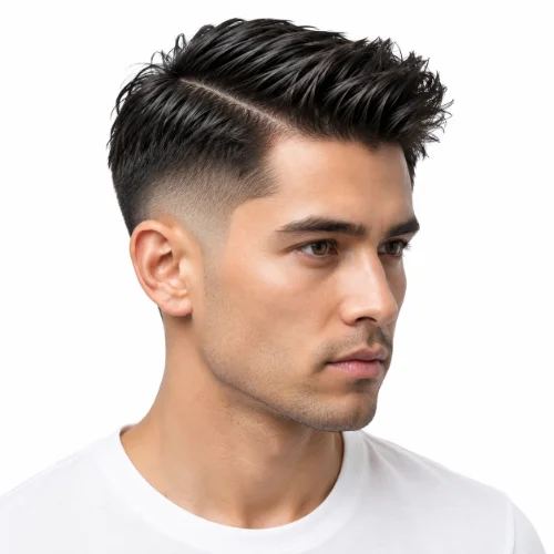 Low Taper Fade Asian Haircuts Side Part with a neat finish.