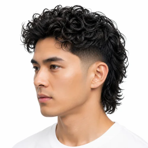Low Taper Fade Asian Haircuts Curly Hair with defined curls.