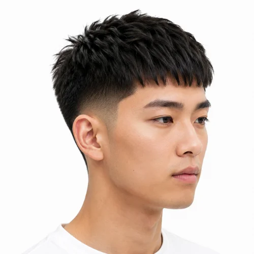 Low Taper Fade Asian Haircuts French Crop with a textured top.