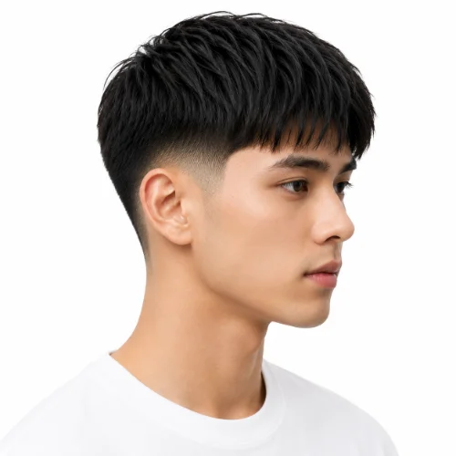 Man with a classic low taper fade and straight hair for a timeless look