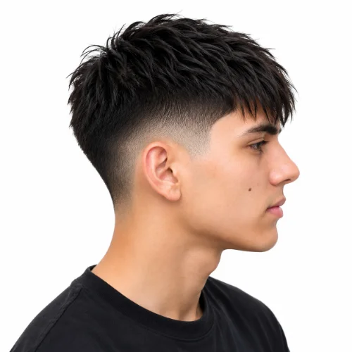 Man with a low taper fade and textured fringe on straight hair