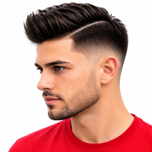 Man with a blowout hairstyle and low taper fade on straight hair