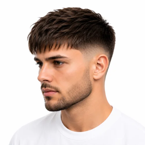 Man with a low taper fade and straight fringe hairstyle