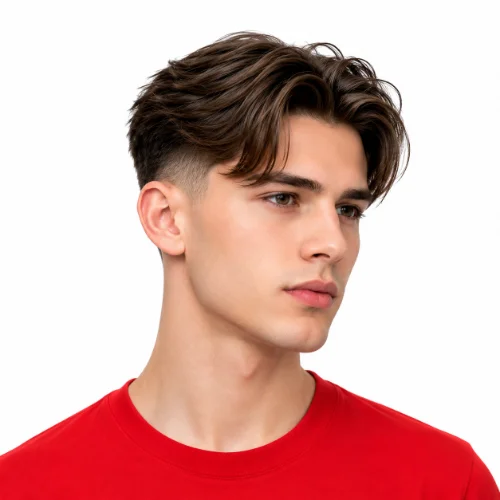 Man with a middle part and low taper fade on straight hair
