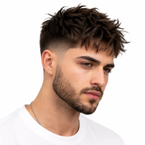 Man with a messy fringe and low taper fade on straight hair