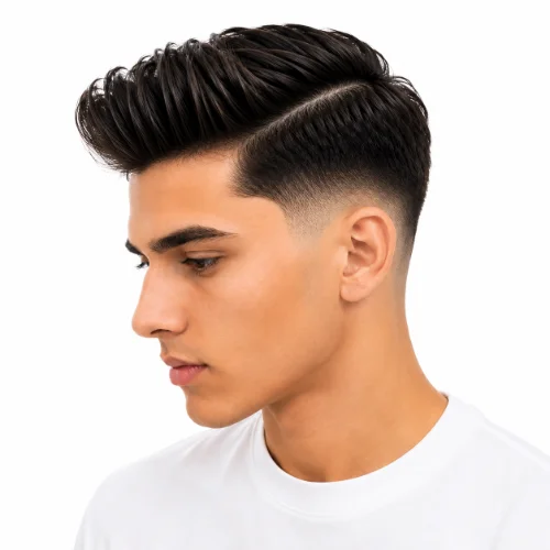 Man with long straight hair on top and a low taper fade