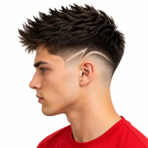 Man with a low taper fade, straight hair, and shaved hair design