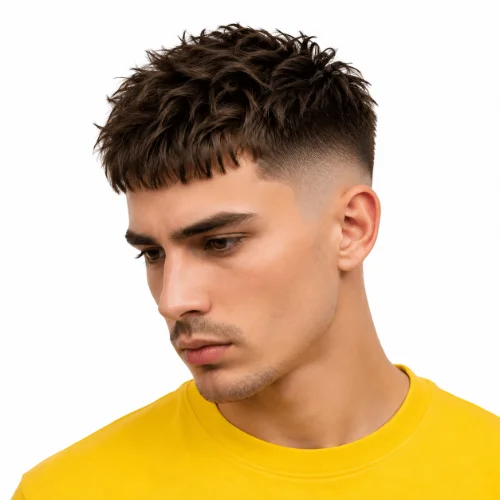 Man with a messy top and low taper fade on straight hair