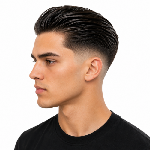 Man with slick back straight hair and a low taper fade